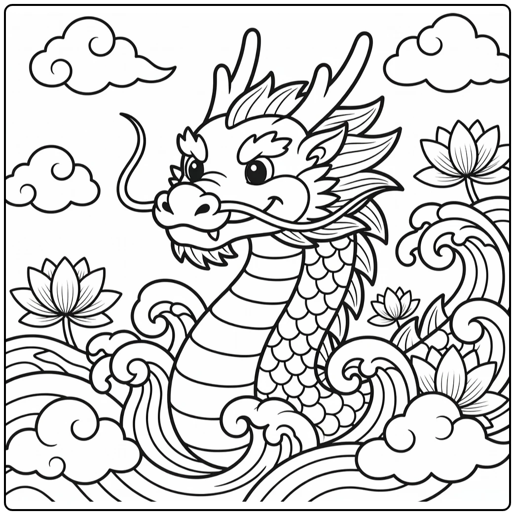 Chinese dragon head coloring page rising from waves and lotuses
