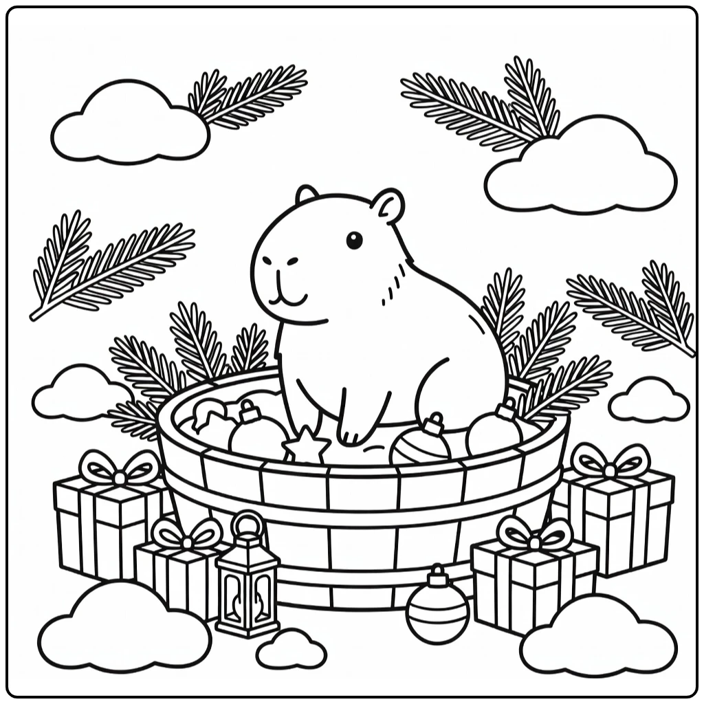 Cute christmas animal coloring page: capybara in festive tub
