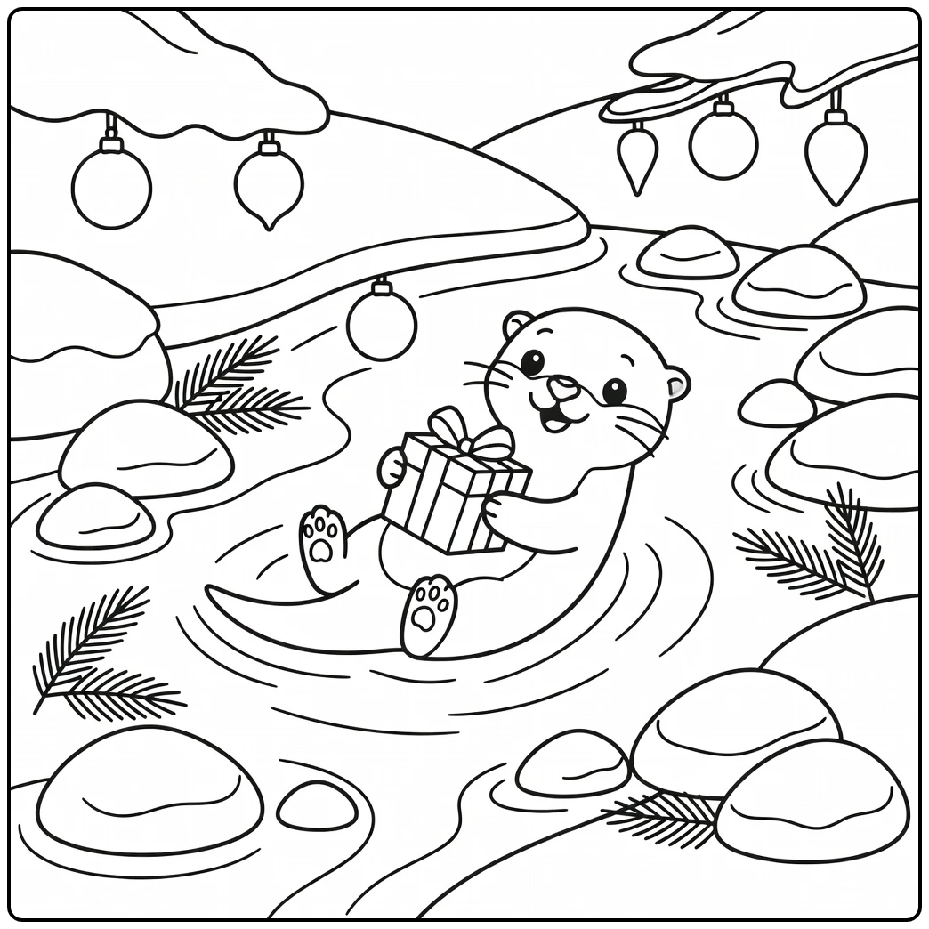 Cute christmas animal coloring page: otter with gift in stream