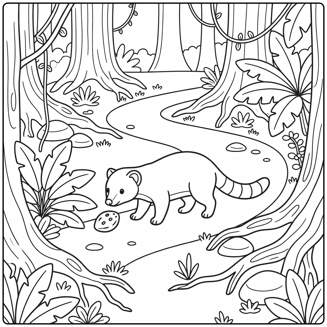 Civet sniffing fruit on jungle path - jungle animals coloring page
