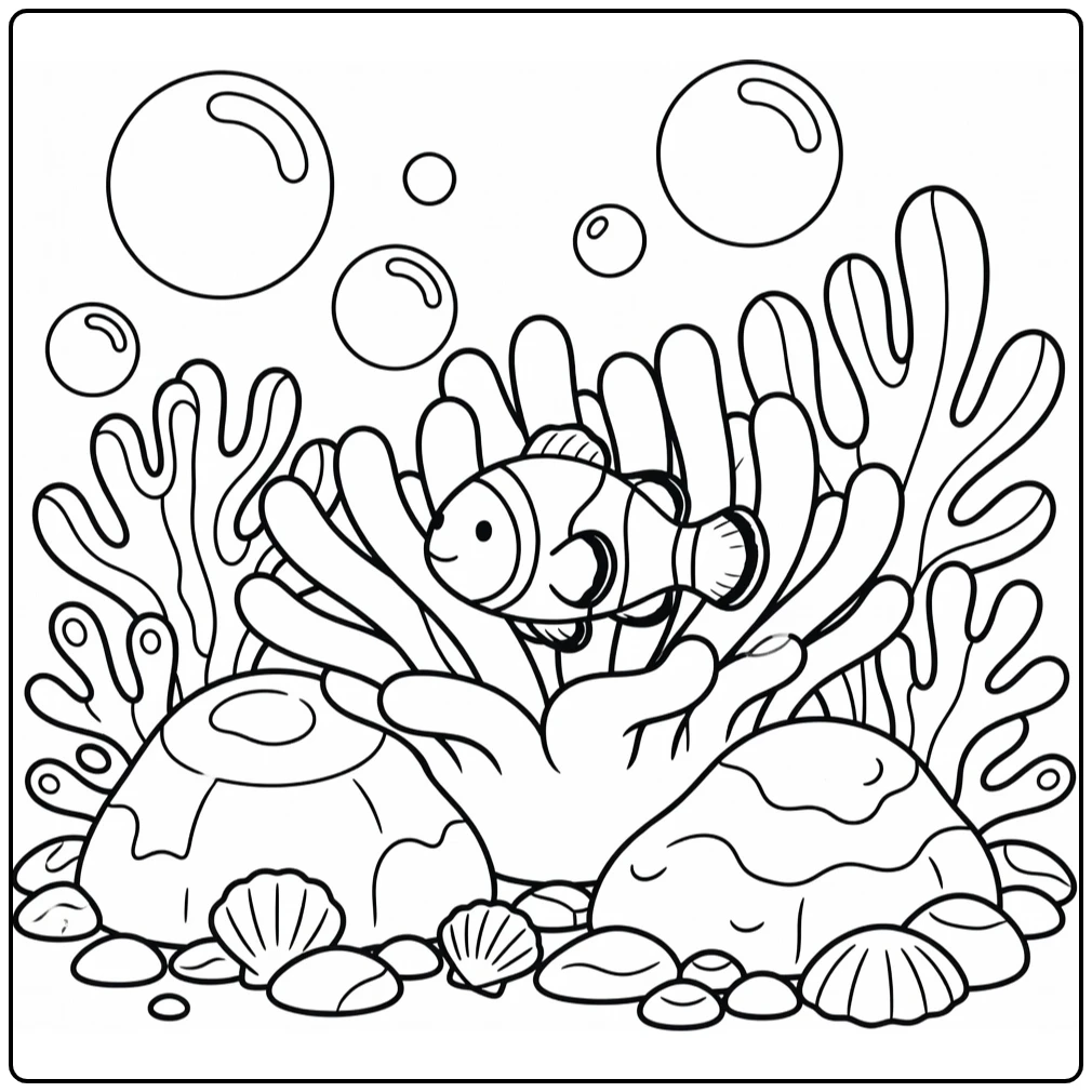 Clownfish peeking anemone reef sea animal coloring page