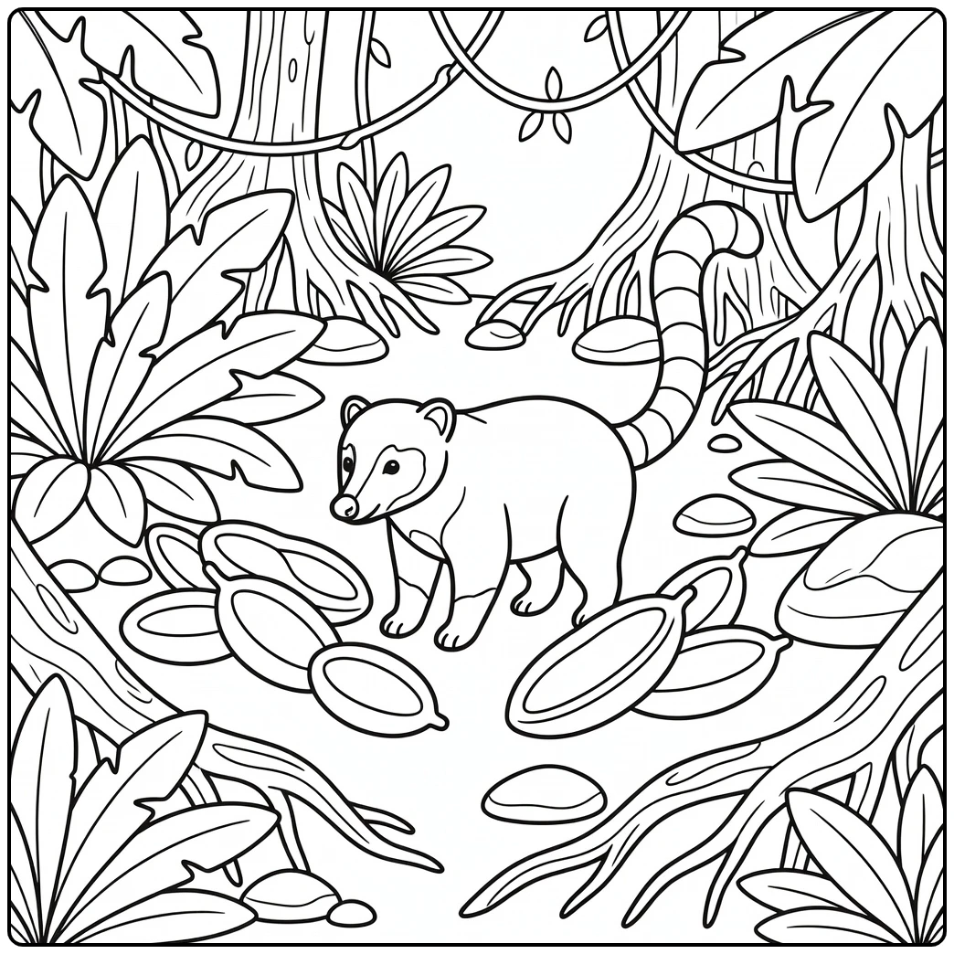 Coati with raised tail in jungle animals coloring page (58 chars)