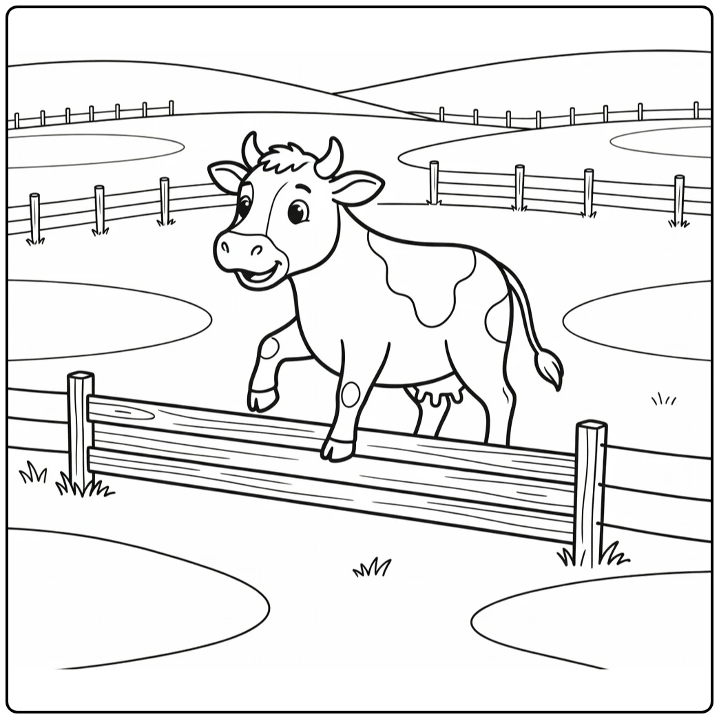 Alert cow stepping over low fence cow coloring pages