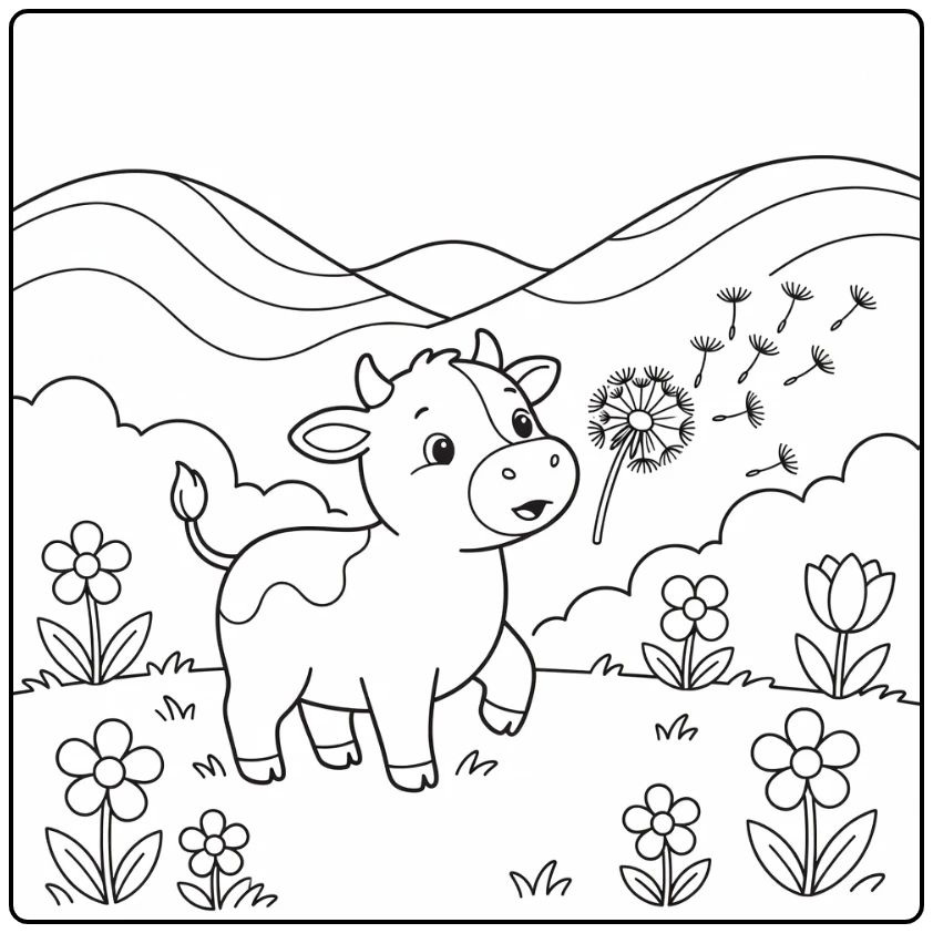 Cute cow coloring pages of cow blowing dandelion seeds away