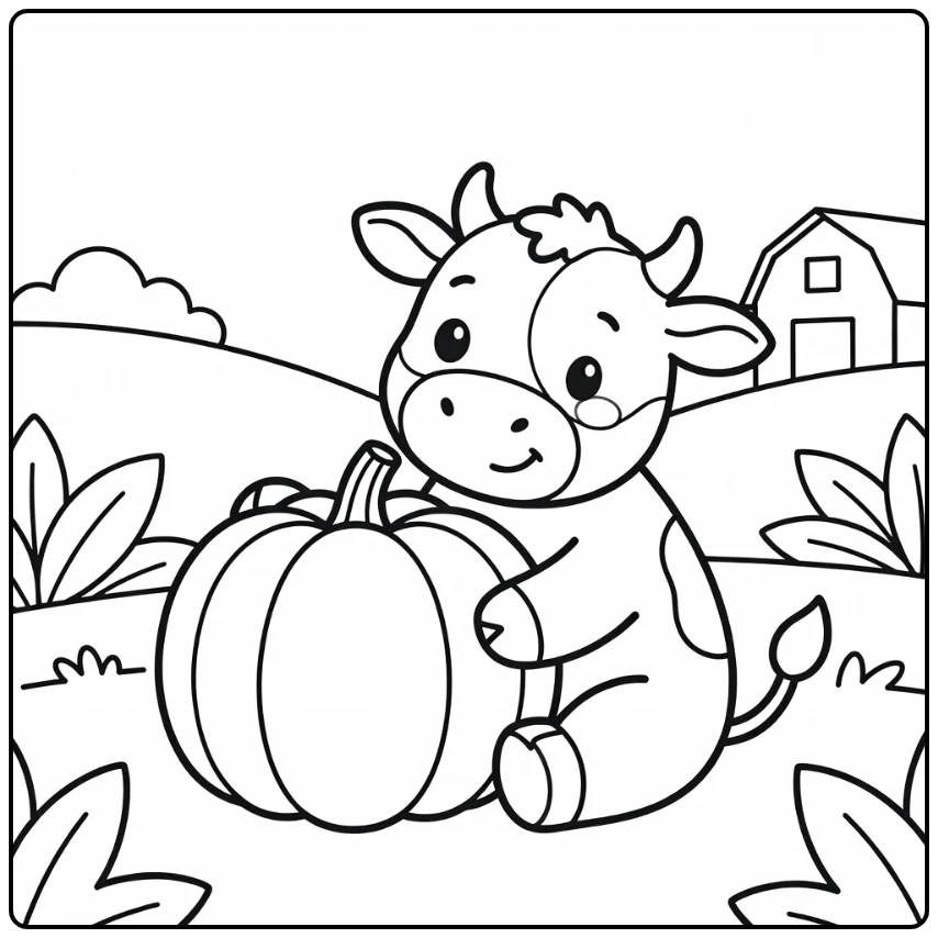 Cute cow coloring pages: cow holding pumpkin, tilting head
