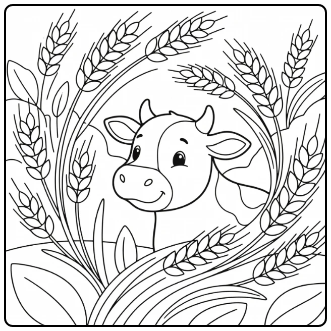 Cow face coloring pages with wheat stalks & farm leaves