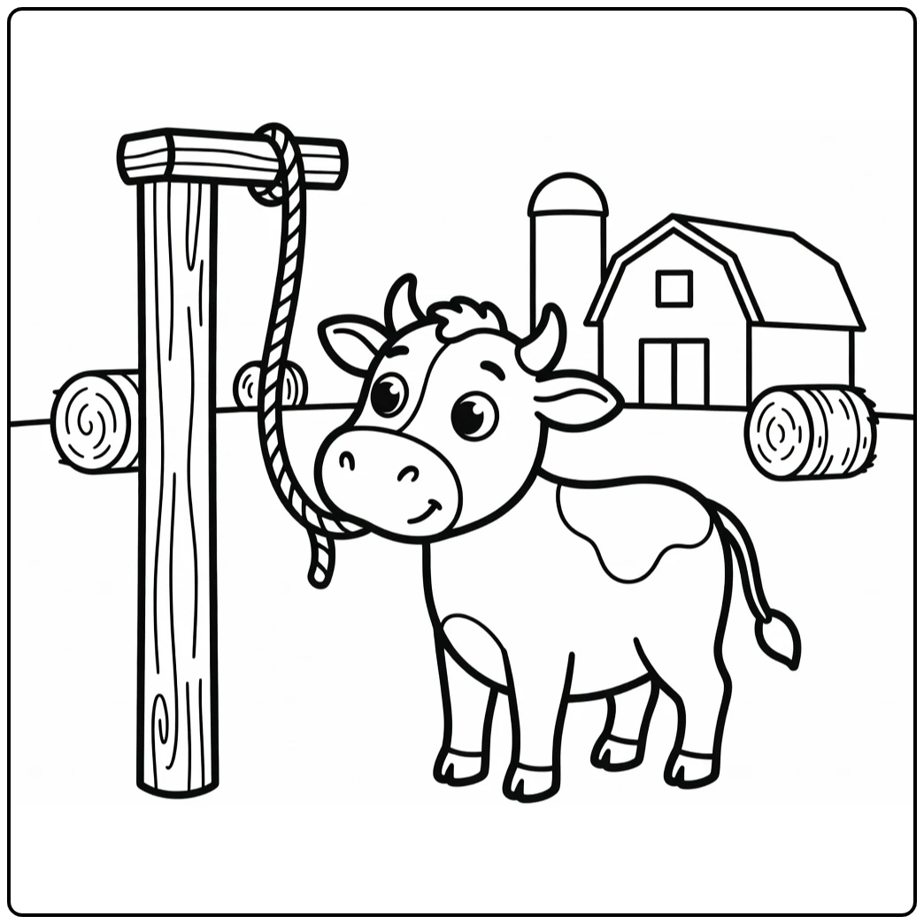Curious cow nudges swaying rope, cow coloring pages