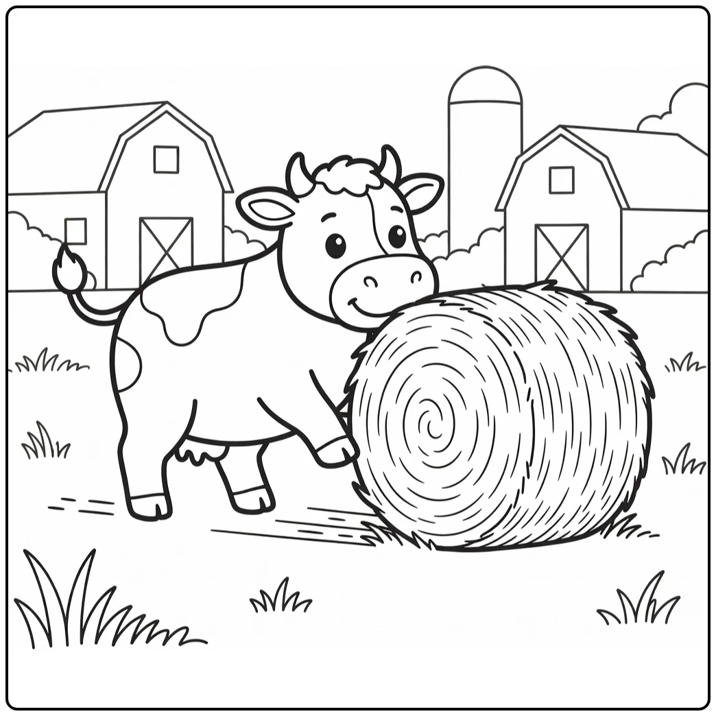 Playful cow nudging hay bale, cow coloring pages (58 chars)