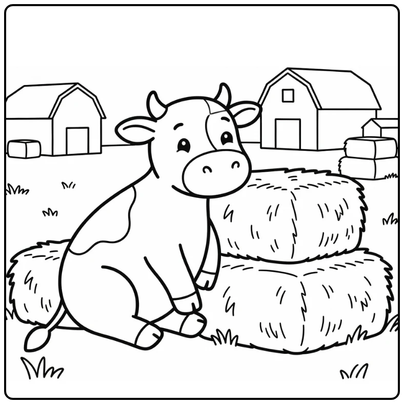 Relaxed cow on hay bales cow coloring pages