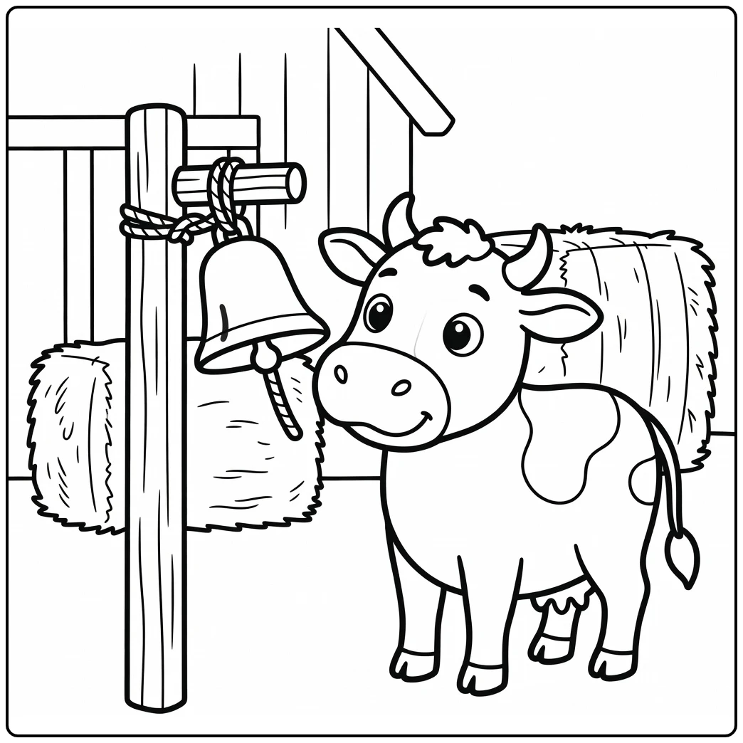 Curious cow nudges swinging bell - cow coloring pages