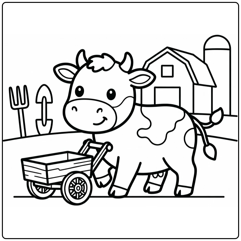 Playful cow pushing wooden cart wheel, cow coloring pages