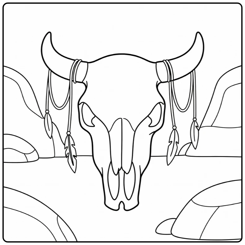 Cow skull coloring pages with feathers & draped ropes