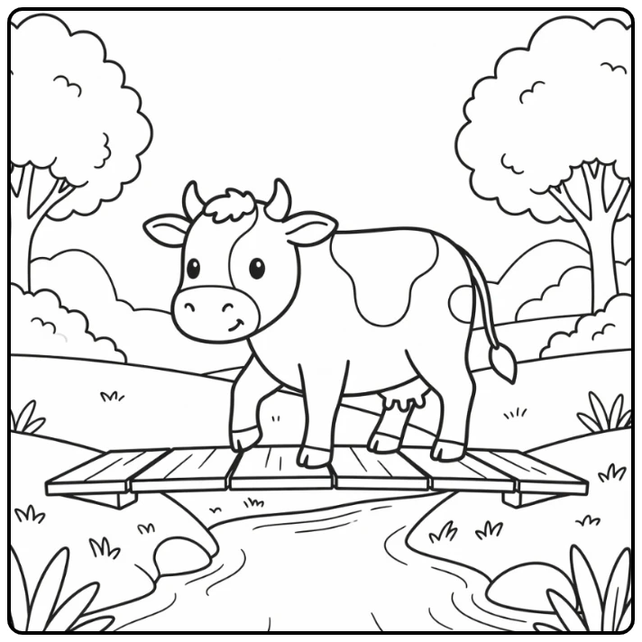 Curious cow balancing on narrow bridge, cow coloring pages