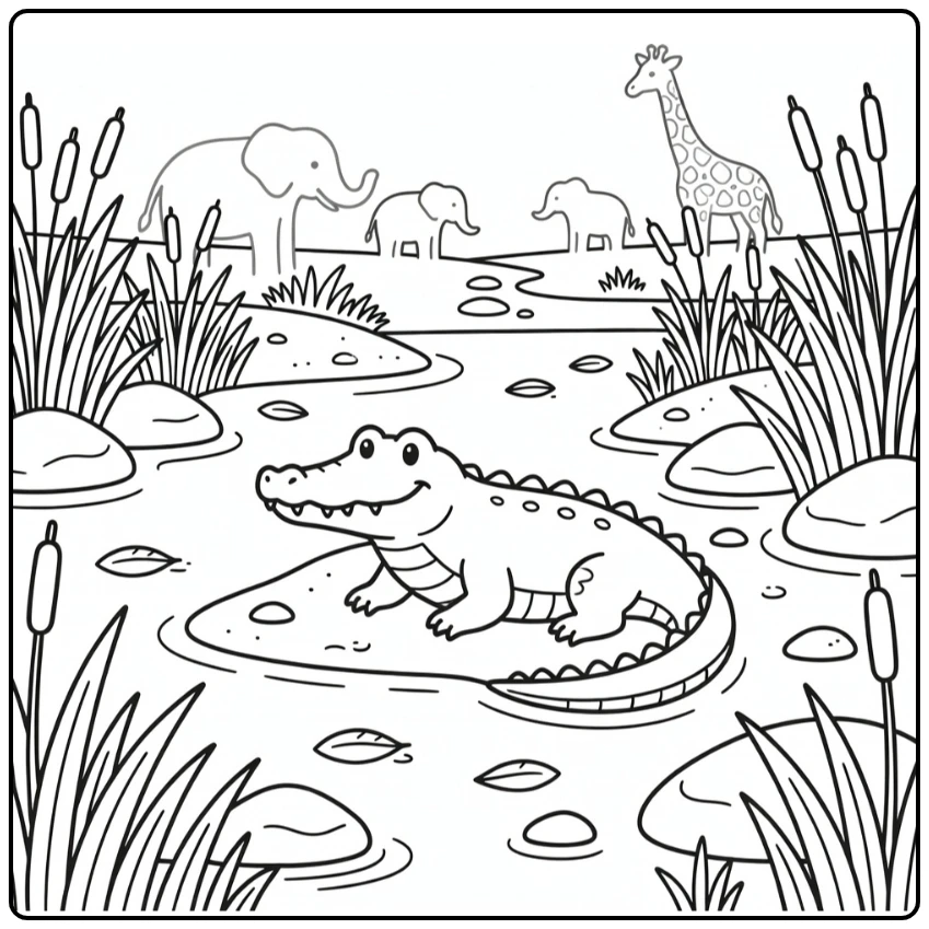 Crocodile resting on riverbank safari animals coloring page