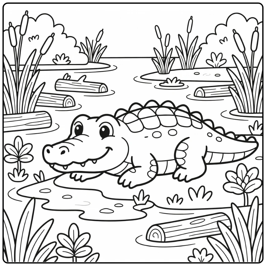 Crocodile resting on swamp bank wild animals coloring page (58 chars)
