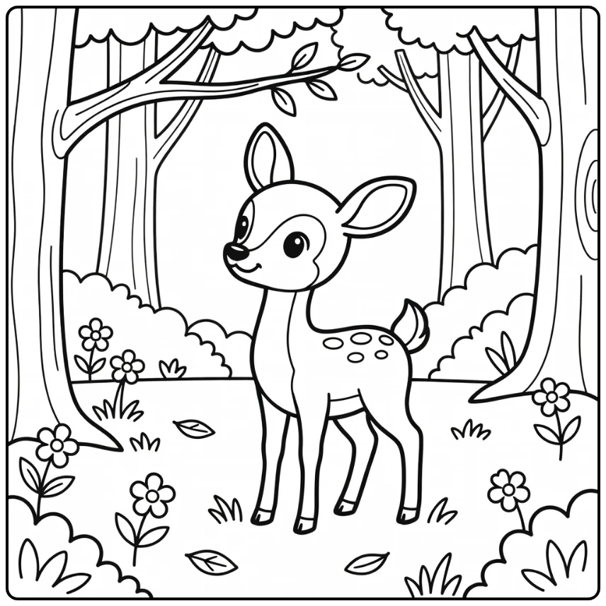 forest animal coloring page for kids: fawn reaching branch