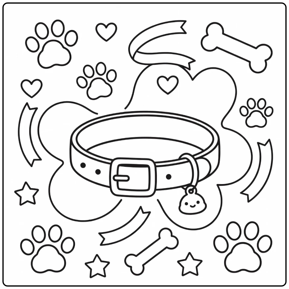 Dog collar coloring page with buckle, charms, paws