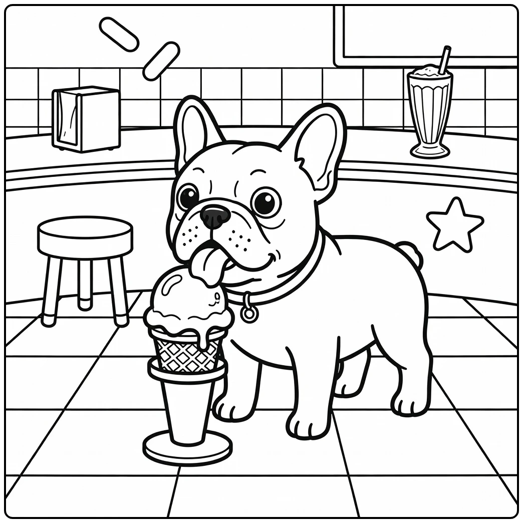 Dog eating ice cream coloring page: French Bulldog at diner