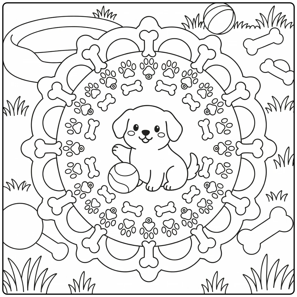 Animal mandala coloring pages: dog paw raised by ball