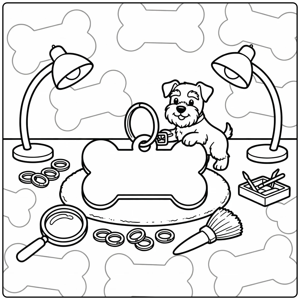 Dog tag coloring page: Mini Schnauzer paw by bone tag