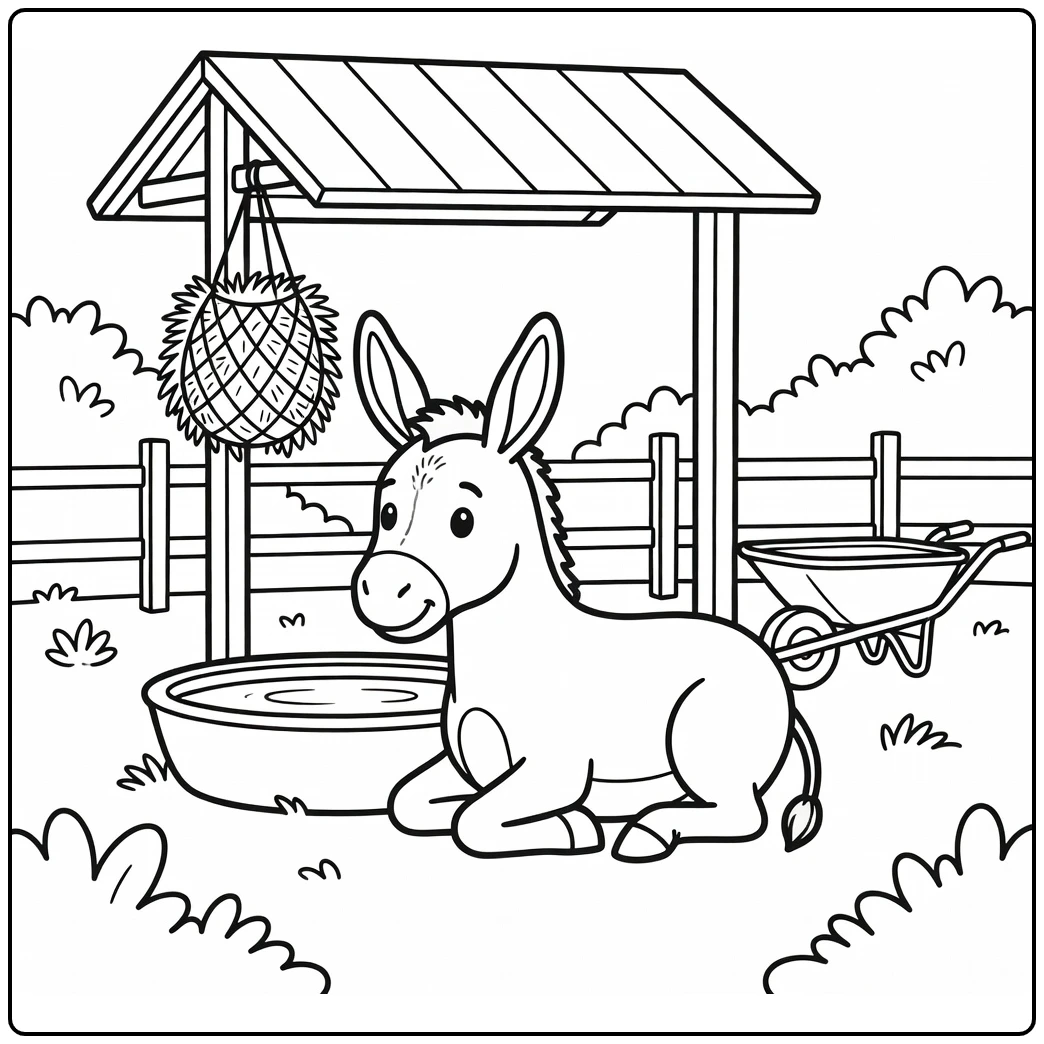 Donkey resting by farm trough under shelter farm animal coloring page