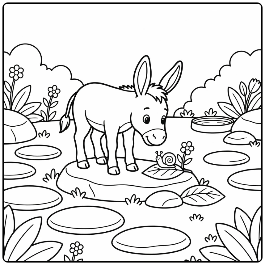 cute donkey coloring page with snail in garden
