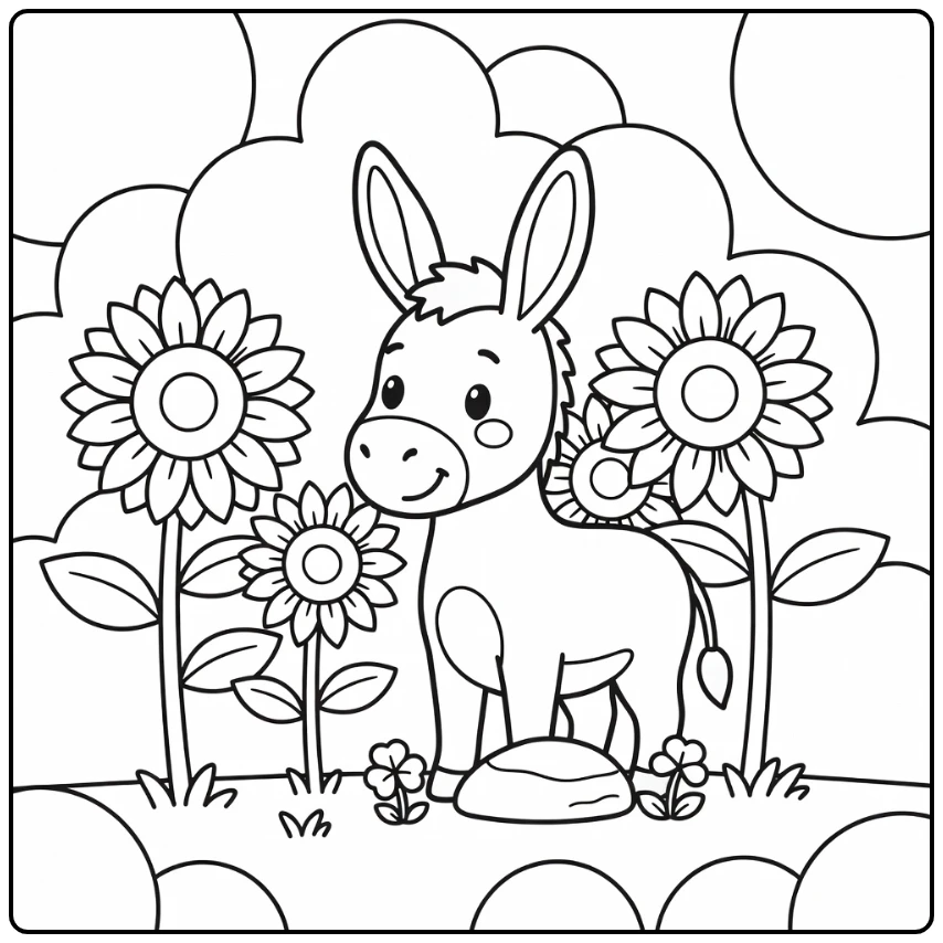 Cute donkey coloring page sniffing sunflower seed head