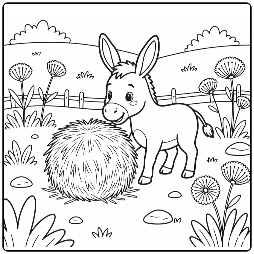 cute donkey coloring page pushing hay in pasture