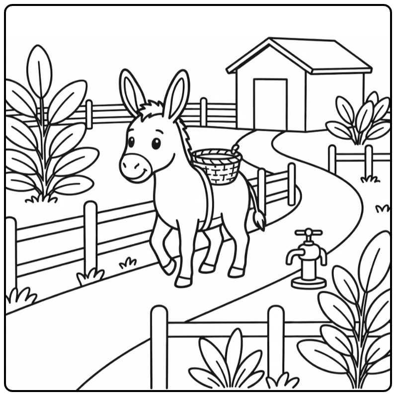 Donkey carrying basket on farm trail farm animal coloring page