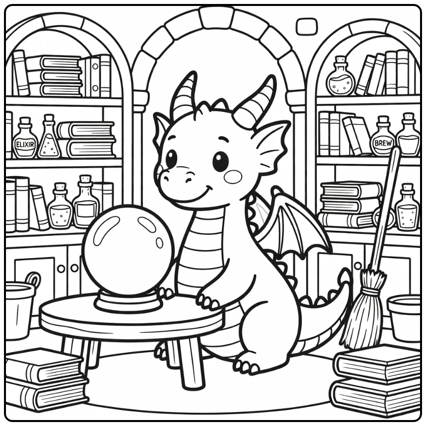 Dragon coloring page: cute western dragon by crystal ball