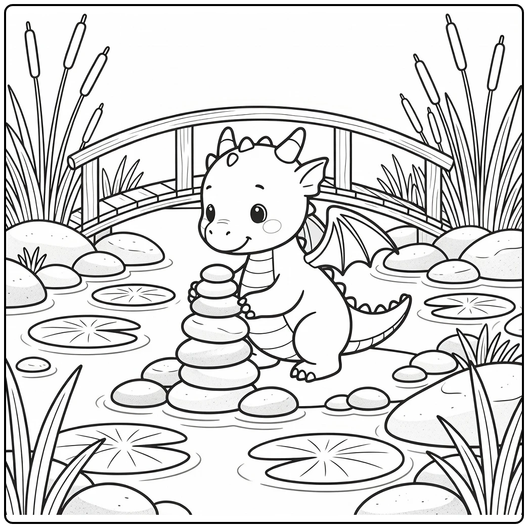 Cute dragon coloring page: baby builds pebble tower by pond