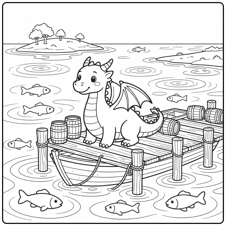 Western dragon on dock with boat, waves, fish: dragon coloring page