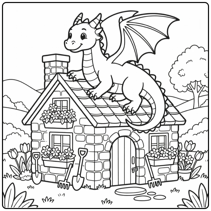 Dragon coloring page: cute dragon climbs stone cottage roof