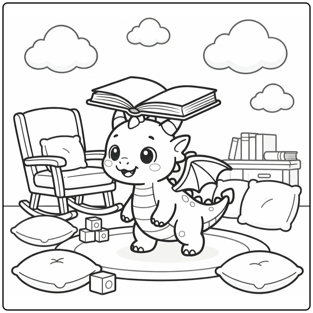 Cute dragon coloring page balancing storybook in nursery