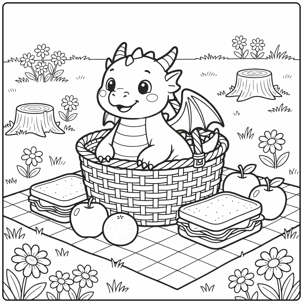 Cute dragon coloring page peeking from picnic basket in meadow
