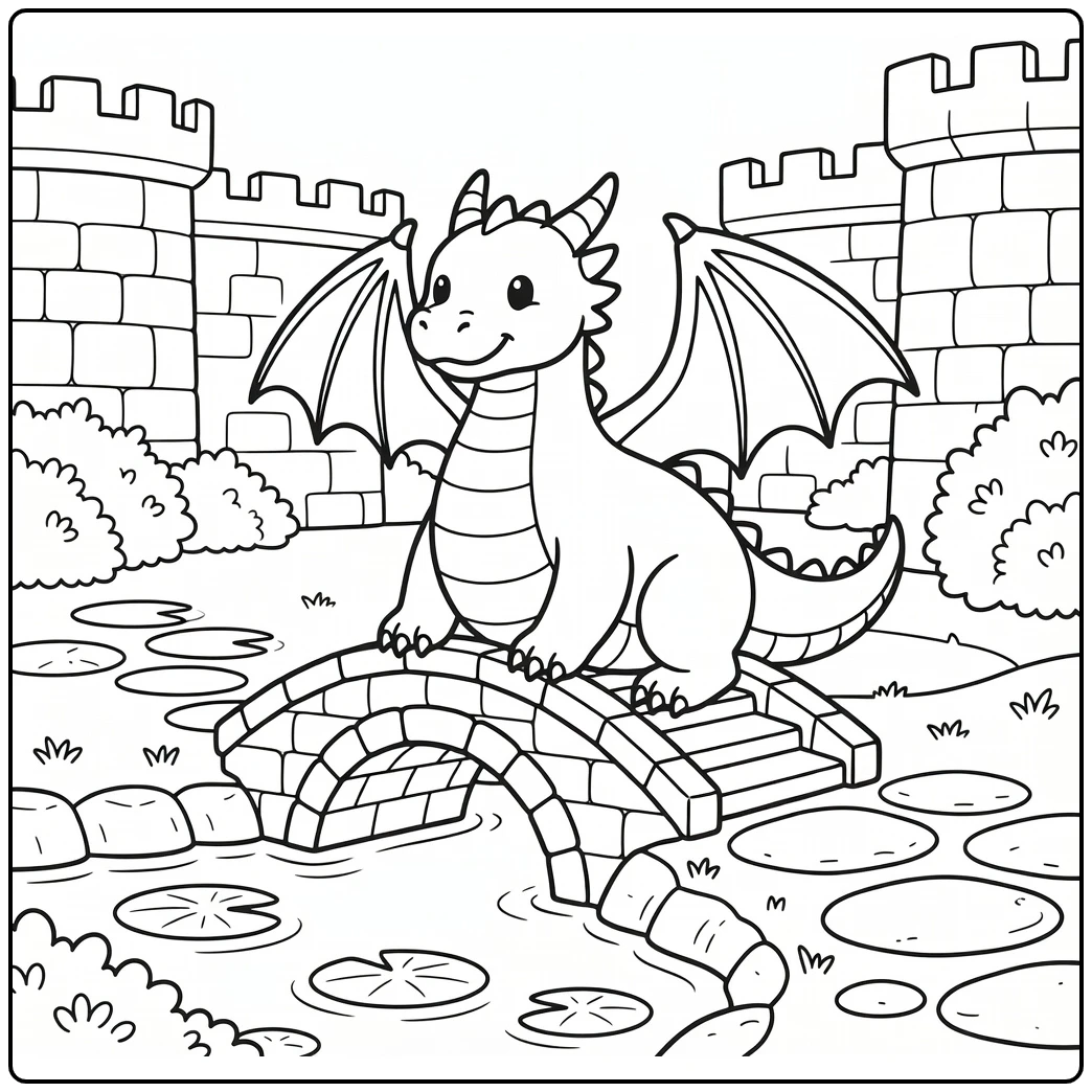Western dragon guards moat bridge castle dragon coloring page