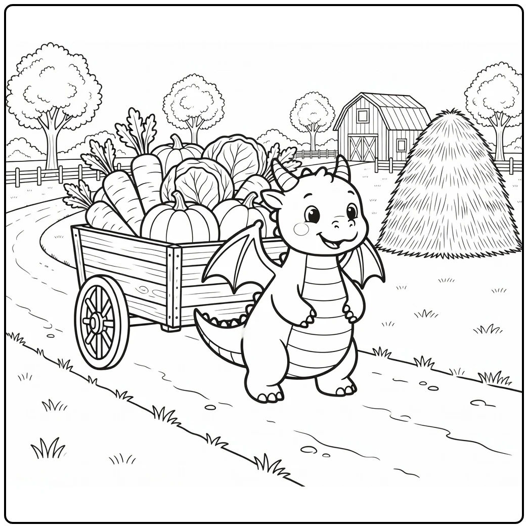 Western dragon pushing veggie cart on farm dragon coloring page