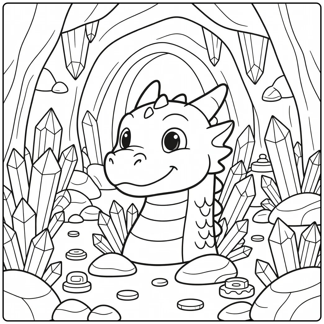 Dragon head coloring page peeking from cave crystals