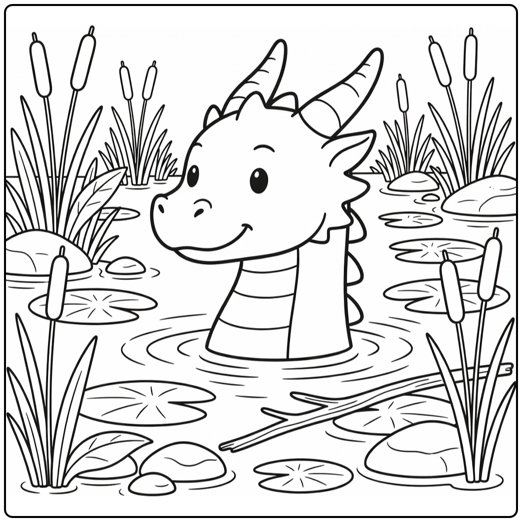 Dragon head coloring page rising from swamp reeds lily pads