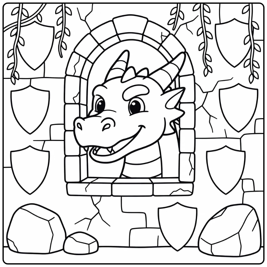Dragon head coloring page in broken castle window frame