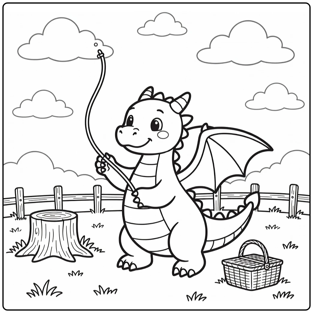 Playful western dragon holding kite string dragon coloring page