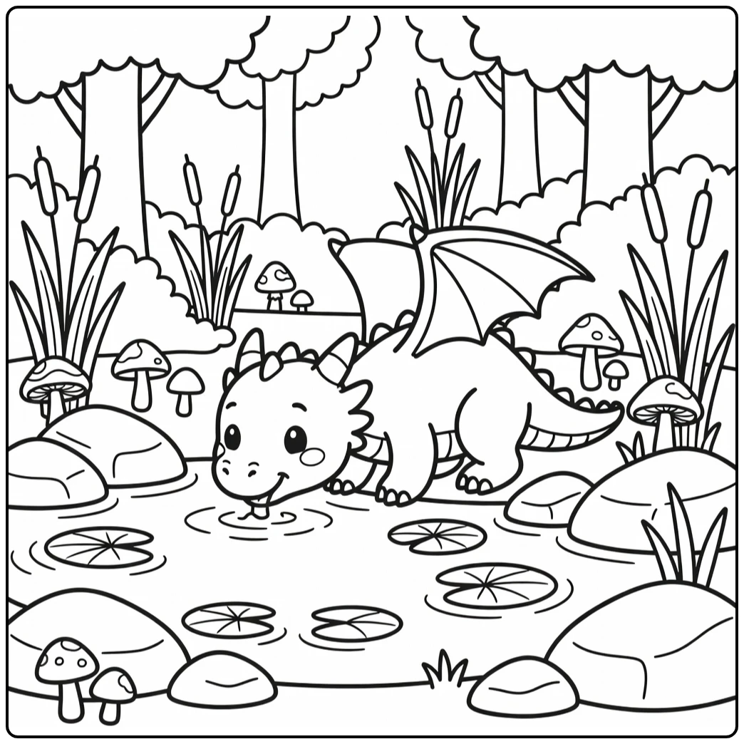 Friendly western dragon drinks at forest pond dragon coloring page