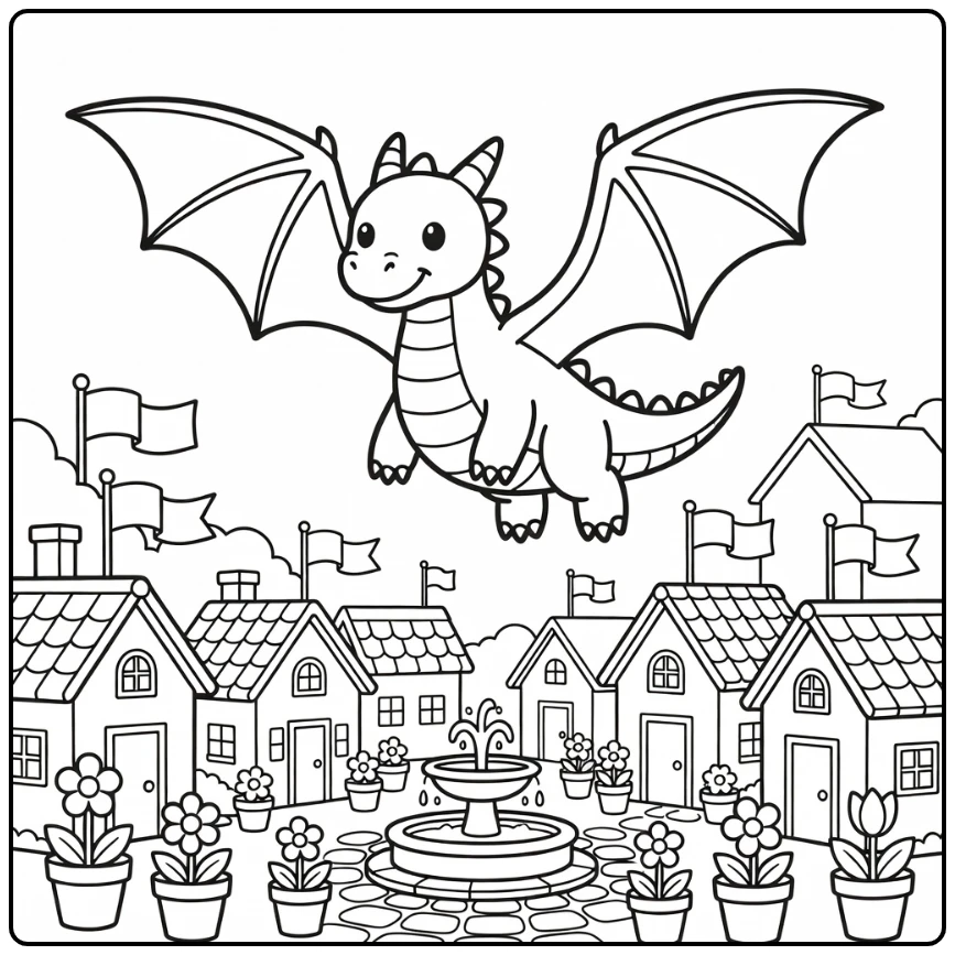 Western dragon gliding over village square dragon coloring page