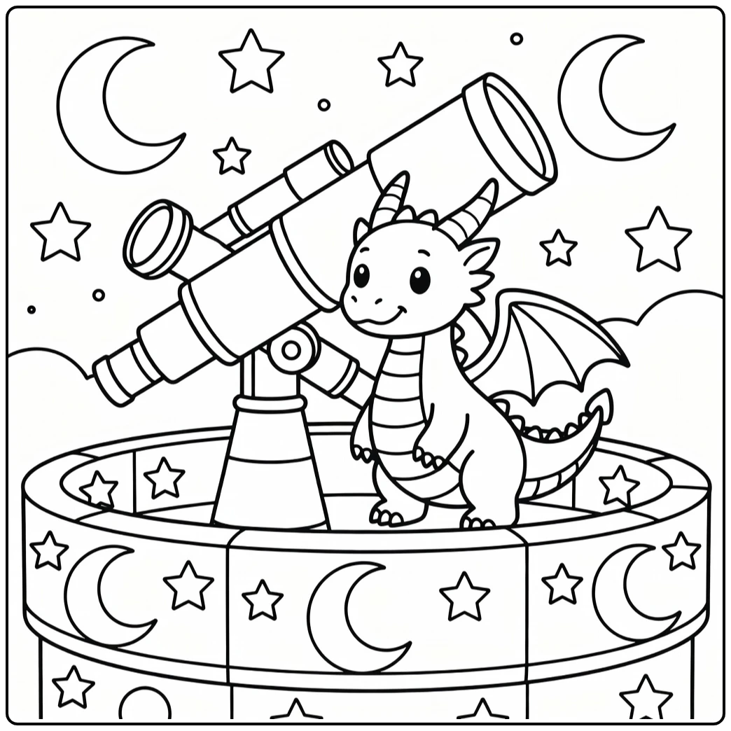 Western dragon by giant telescope on starry balcony dragon coloring page