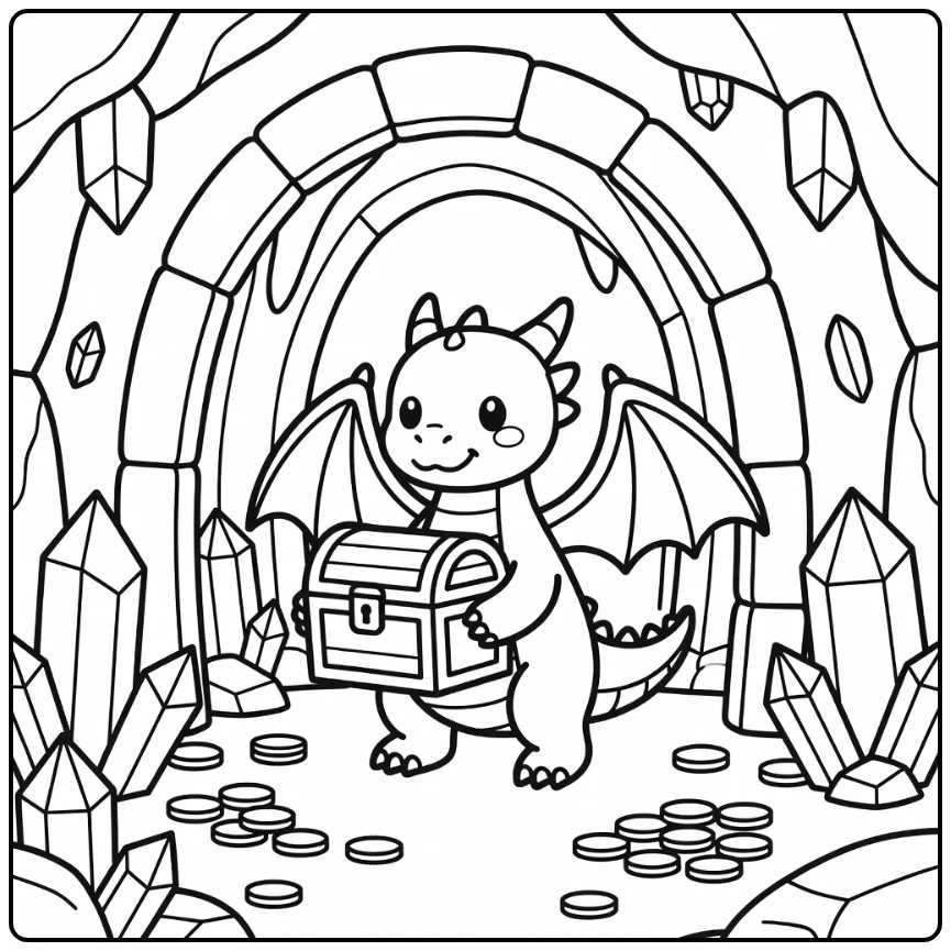 Western dragon carries treasure chest in cave - dragon coloring page