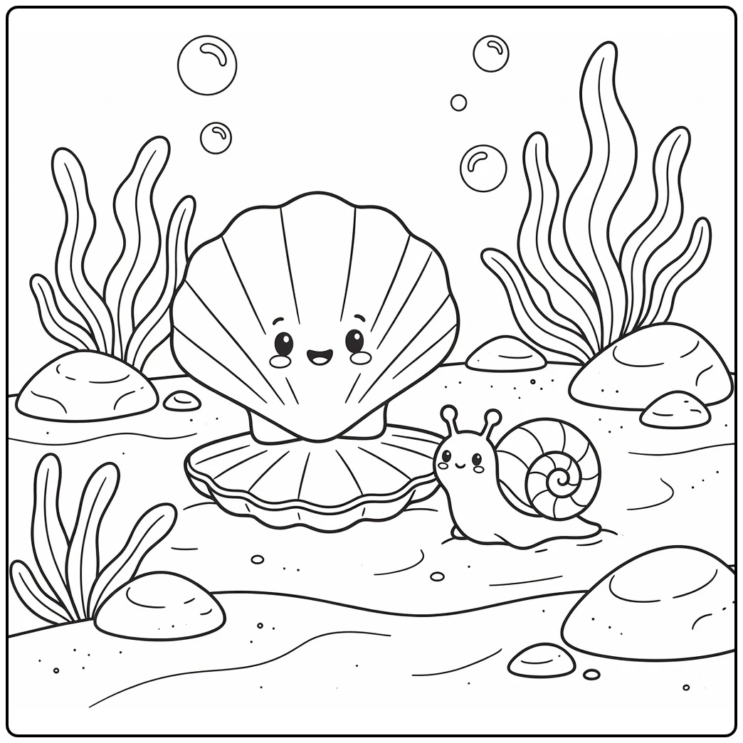 Open scallop shell & sea snail sea animal coloring page