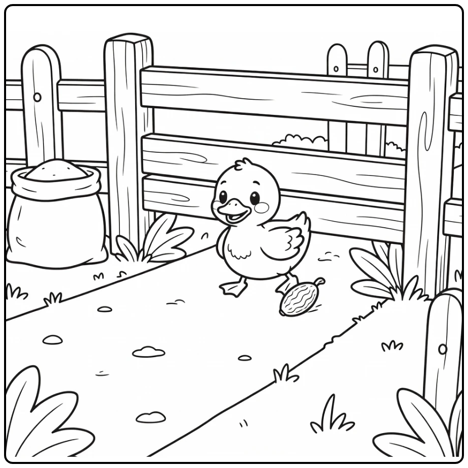 cute duck coloring page under wooden farm gate