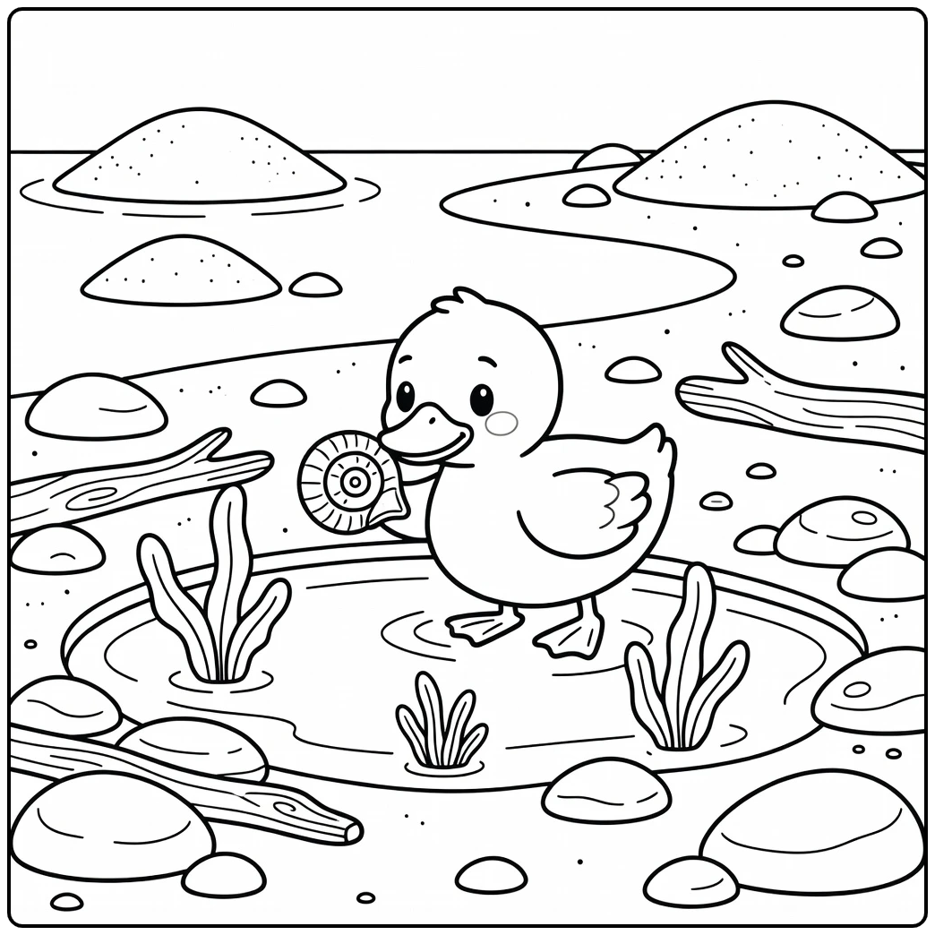 Cute duck coloring page tapping shell in tide pool