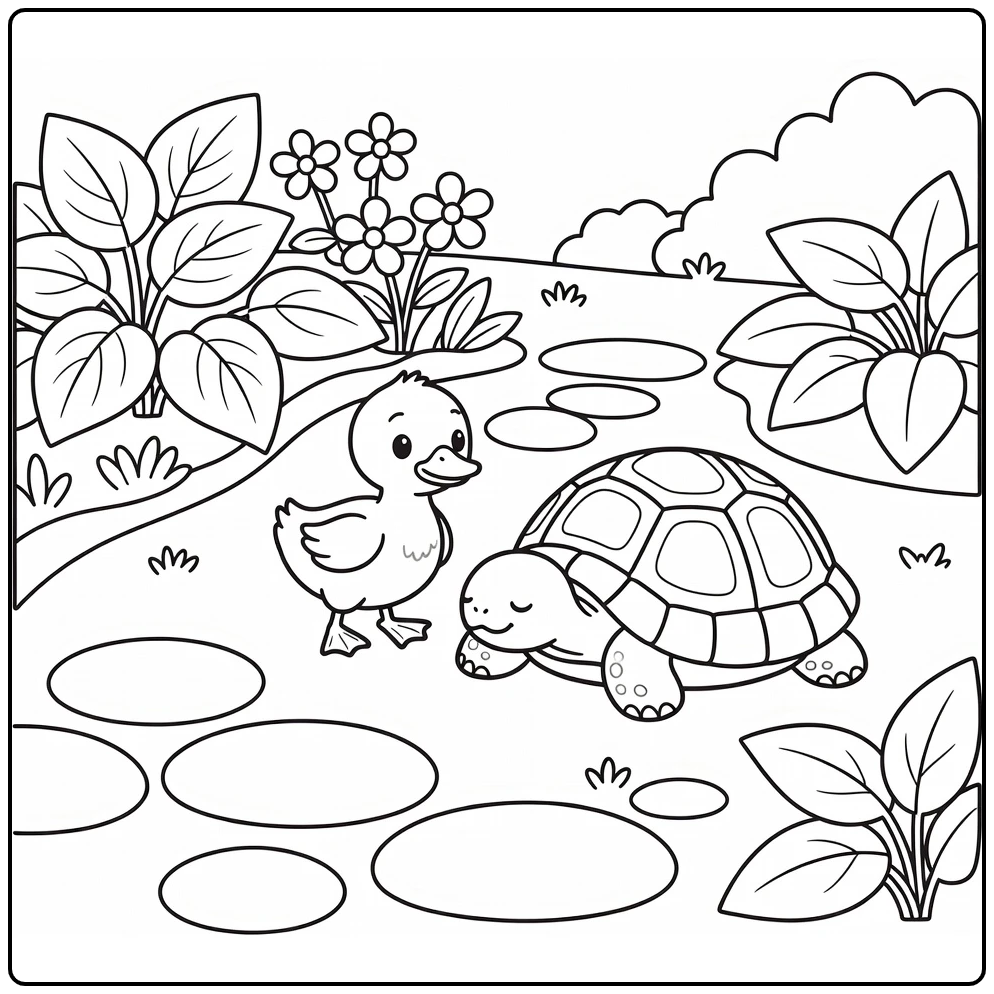 Cute duckling coloring page with sleeping tortoise in garden