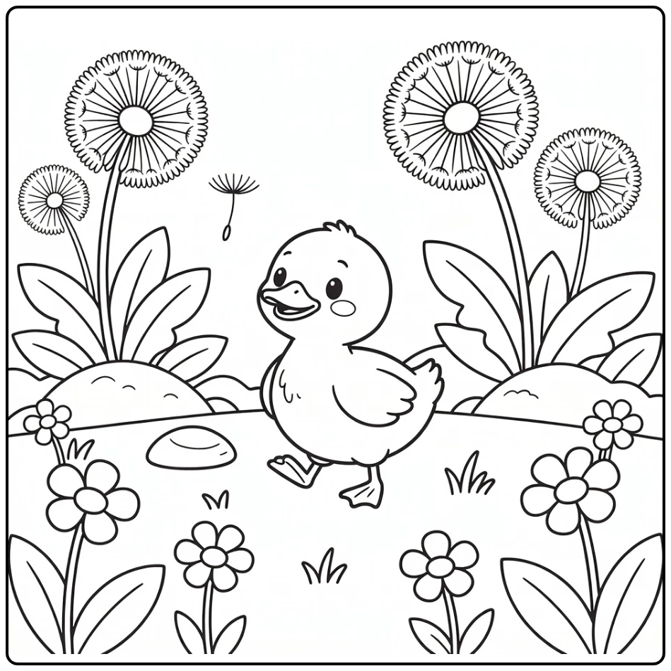 cute duckling coloring page with dandelions and meadow leaves